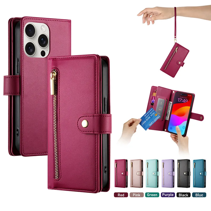 

Чехол-кошелек на молнии для OPPO Realme 14X 14 13 12X 12 11X 11 Pro Plus 5G с несколькими 9 слотами для карт, кожаный ремешок через плечо, откидная крышка