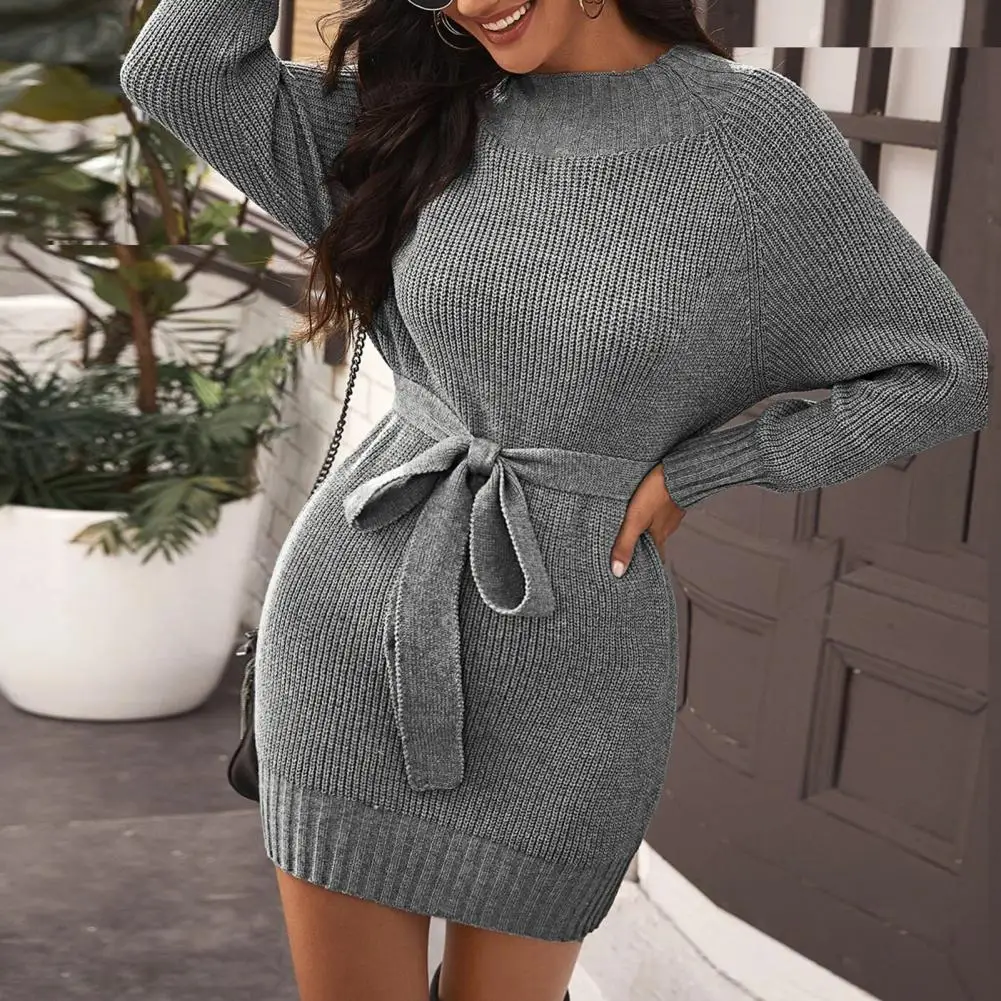 

Fashion Pullover Knitted Dress Elastic Elegant Thickened Half High Collar Knitted Dress