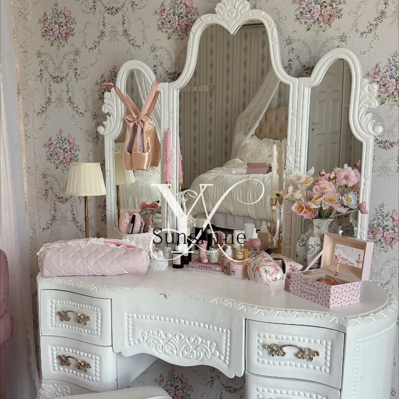 

French retro solid wood carving Nordic bedroom girl style white makeup table furniture customization