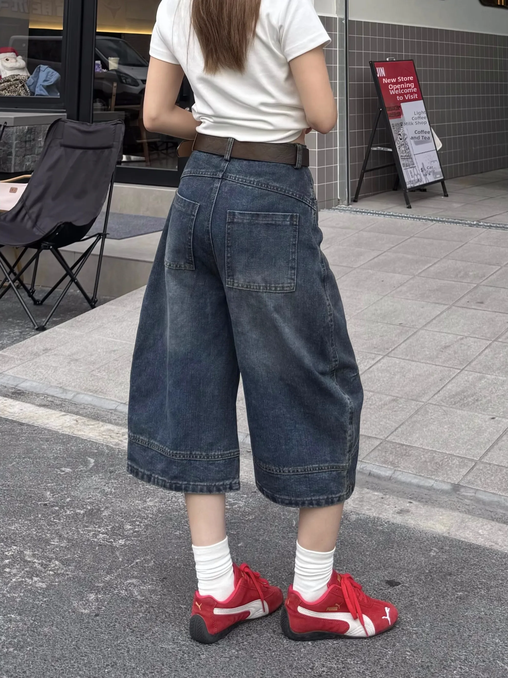 الرجعية الأمريكية Waed فضفاض سكين سبعة أقدام السراويل ex الصيف الشارع CleanFit الصباغة orts واسعة الساق الجينز لباس غير رسمي