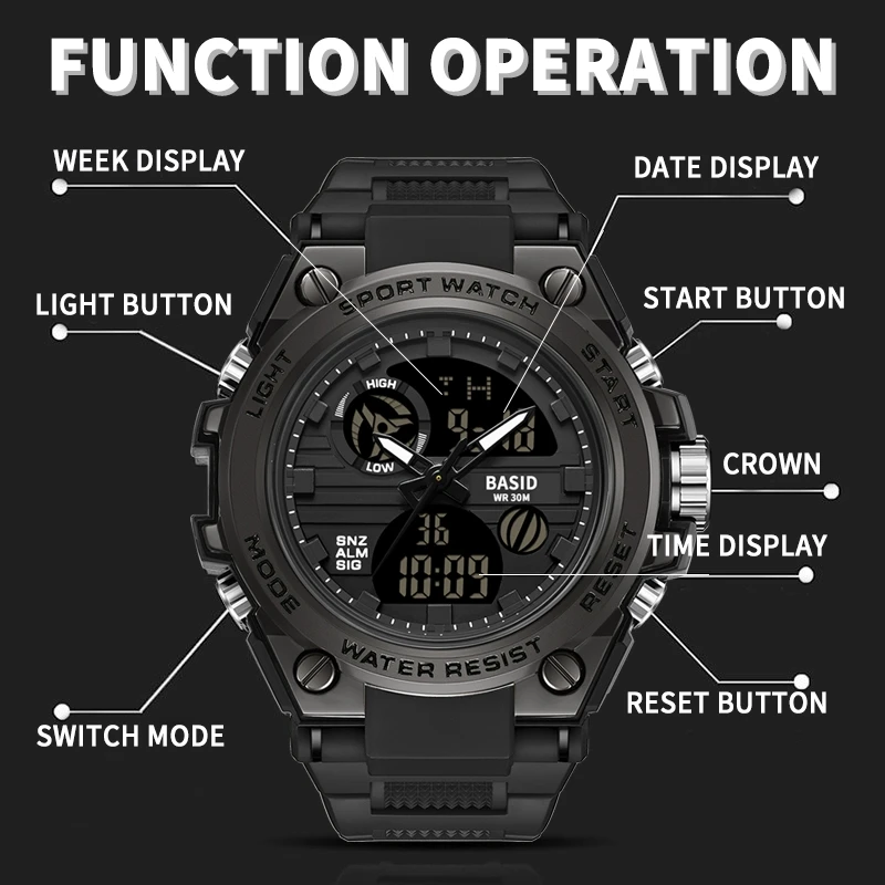 Fashion Brand Men Digital Watch Military Sports Dual Display Waterproof Electronic Wristwatch Led Multifunctional Luminous Watch