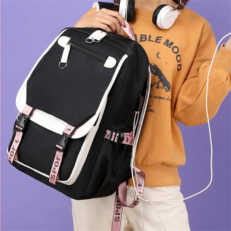 Demon Slayer Kanroji Mitsuri Backpacks Teenarges Schoolbag Anime USB Charge Laptop Travel Outdoor Bag Color Blocking Mochila