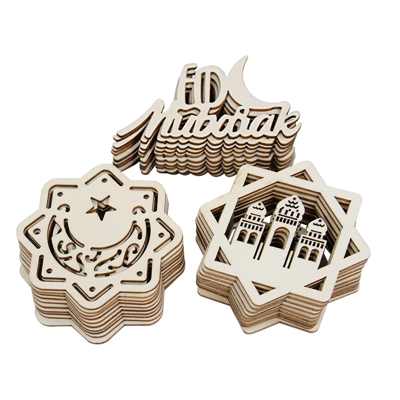 10Pcs Wooden EID Mubarak Hanging Ornament Ramadan Decoration 2024 Islamic Muslim Festival Party Supplies Wooden Mosque Pendant