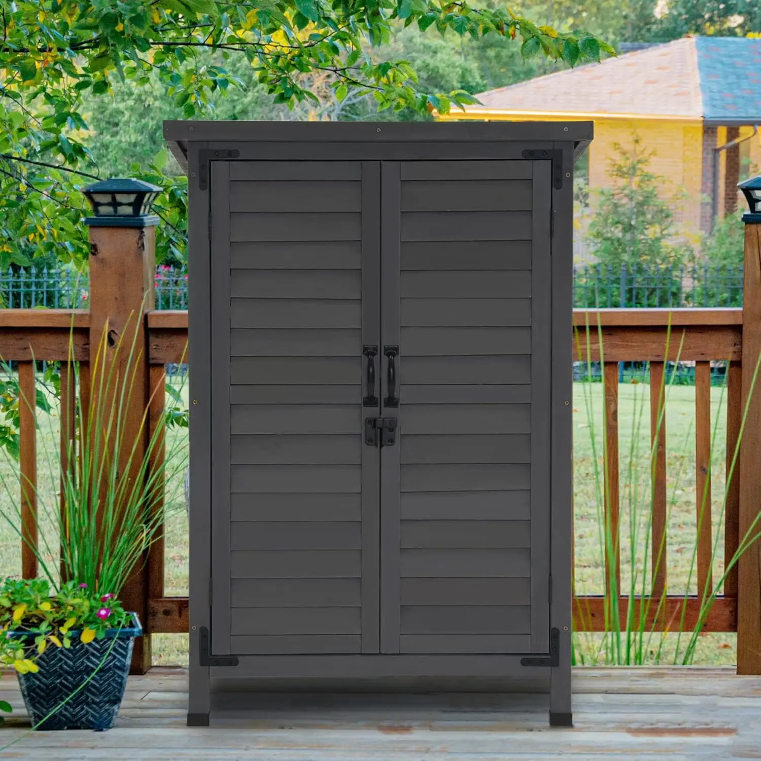 Outdoor Wood Storage Cabinet, Small Size Garden Wooden Tool Shed with Double Doors, Outside Tools Cabinet for Backyard