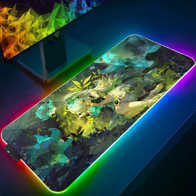 

Mouse Pad LED PC Computer Gamer Kawaii Gaming Accessories Mousepad RGB Genshin Impact Nahida Keyboard Pad Anime Girl Desktop Mat