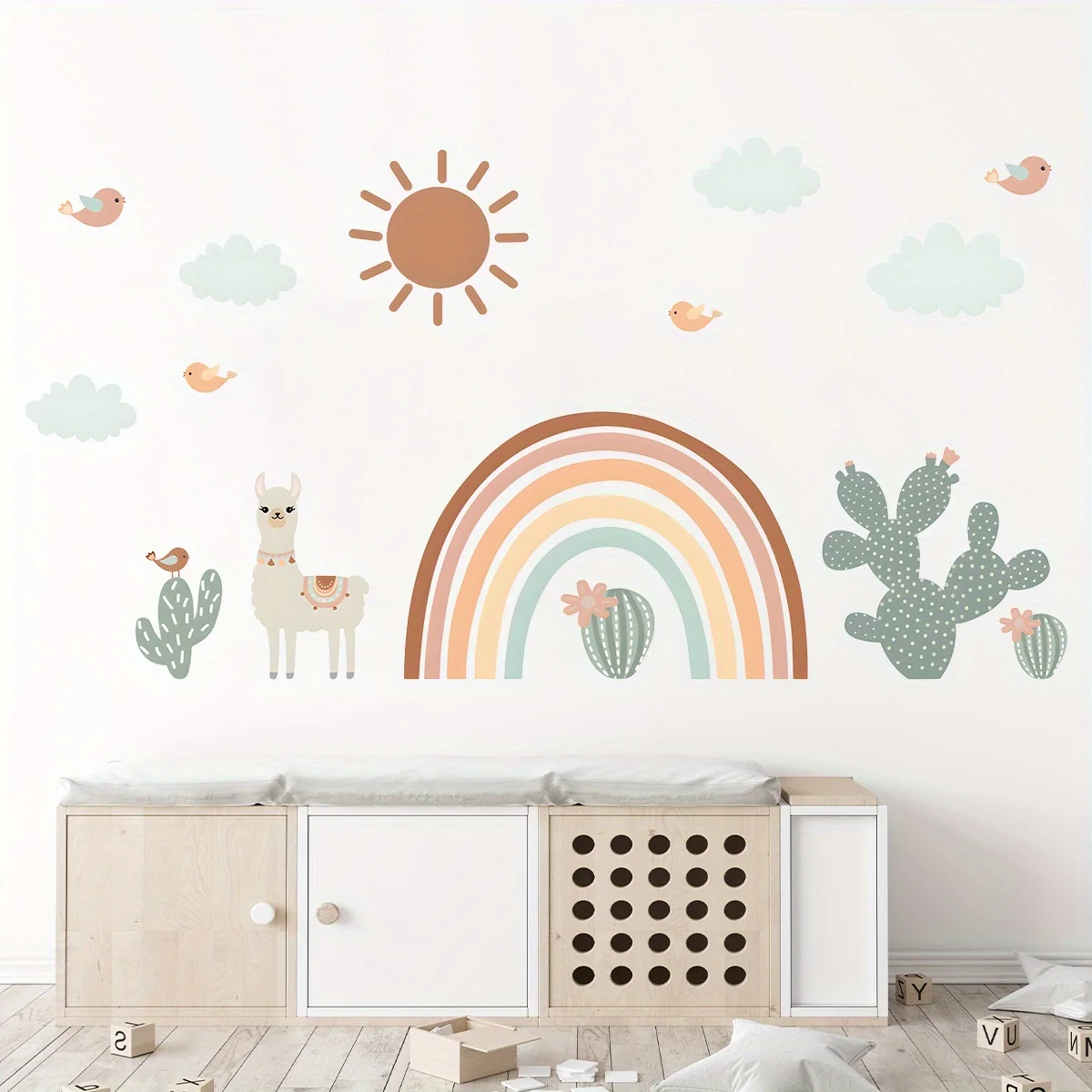 Pegatinas de pared de sol y Cactus de arcoíris de oveja bonita de dibujos animados, extraíbles para dormitorio, sala de estar, decoración de