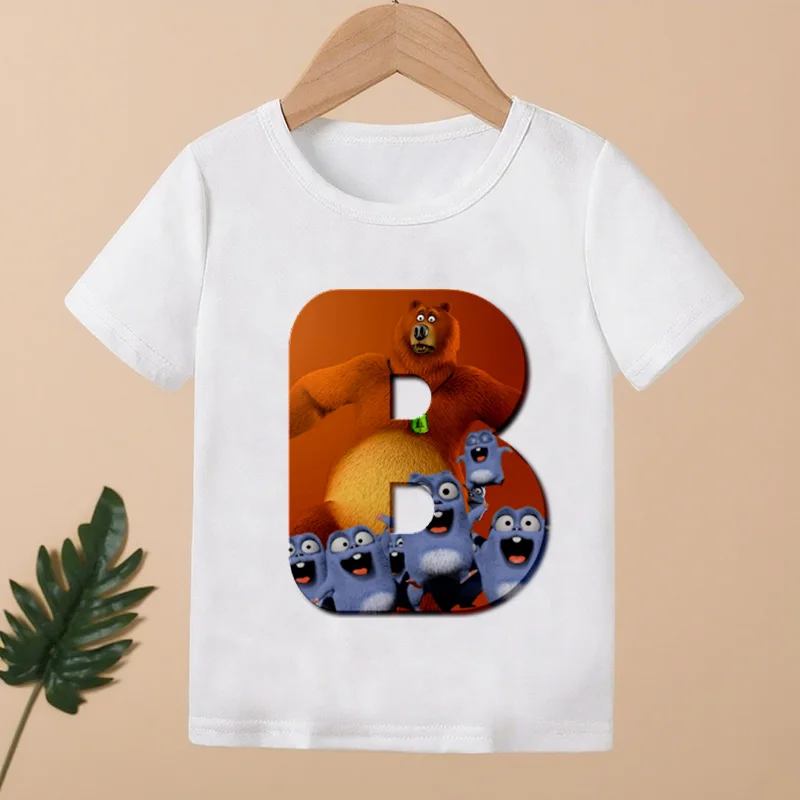 Sunlight Grizzy Bear 26 Alphabet A B C D E Print Cartoon Kids Funny T shirt Long Sleeve Baby Boys Girls Clothes Children T-Shirt