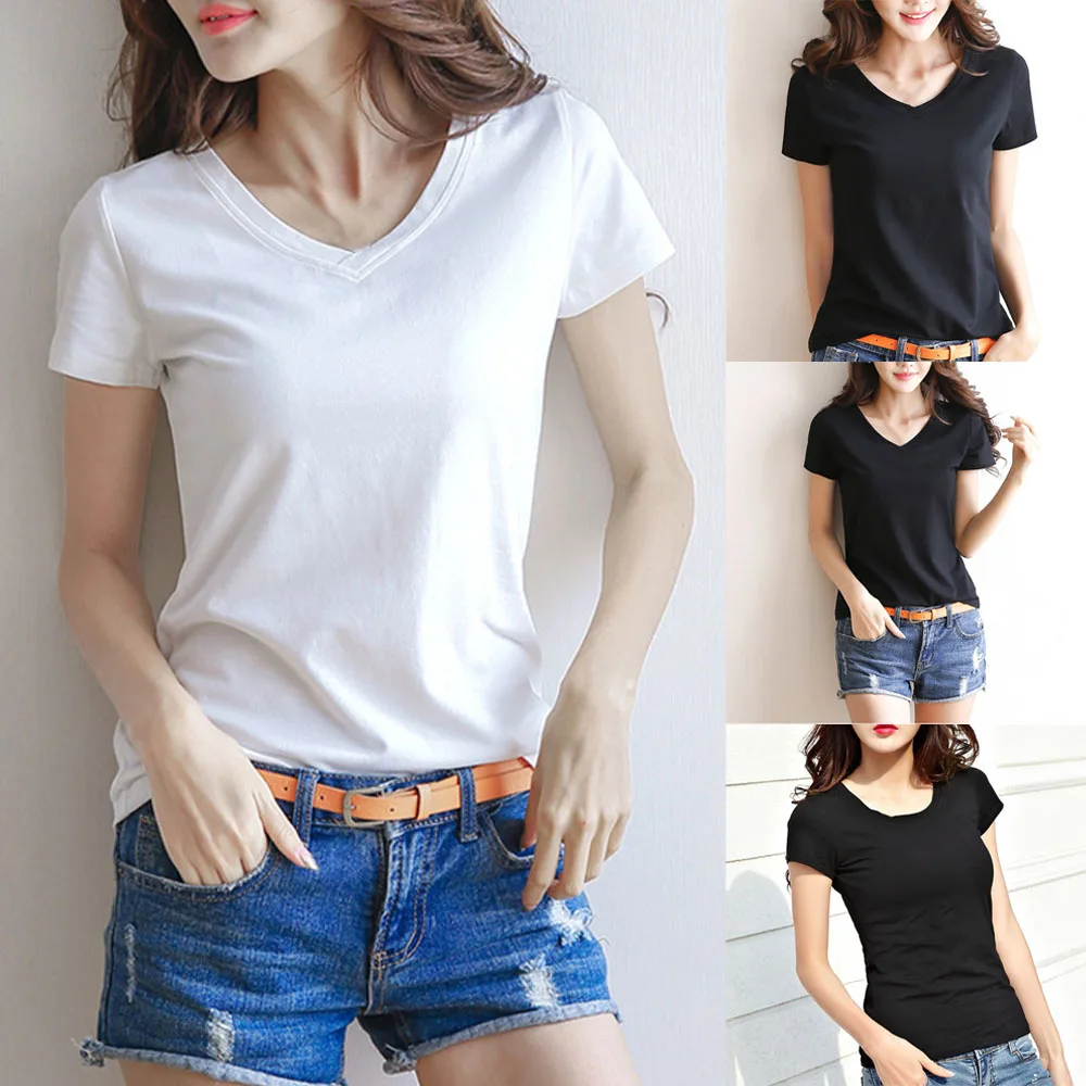 Women Ladies Basic Tees Shirt Solid Color Plain Top Short Sleeve Roundneck V Neck Top Casual Fashion