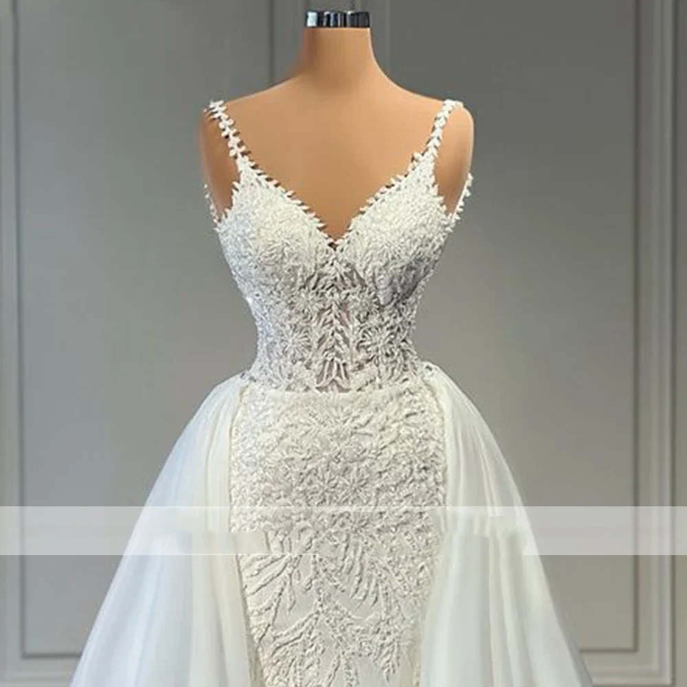 Flavinke Customized V Neck Mermaid Lace Wedding Dresses 2025 Sleeveless Illusion Beaded Satin Bridal Gowns with Detachable Train