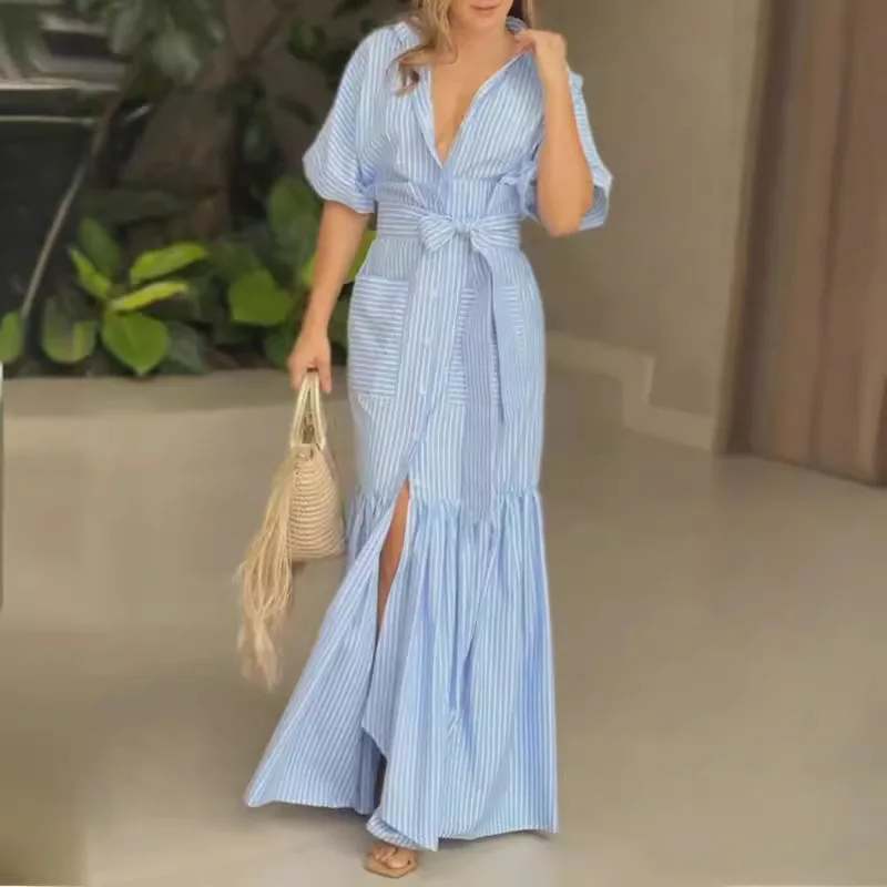 Greenora Beach Clean Girl Striped Print Lapel Tie Long Dress Fashion Summer Spring 2024