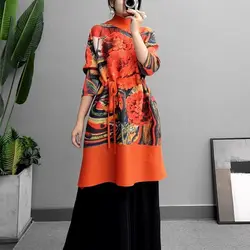 Pleated Dress Loose Retro Print Dress Autumn printed dress, medium length, loose fitting, oversized women's fashion