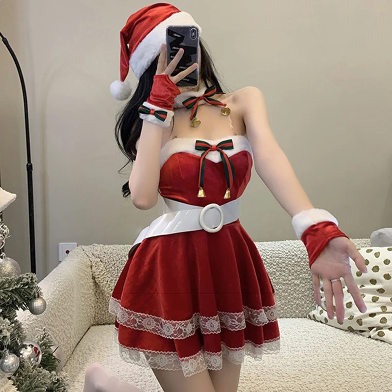 Vestido de natal feminino sexy papai noel cosplay trajes senhoras festa à noite roupas outono inverno vestidos chapéu cinto luvas conjunto