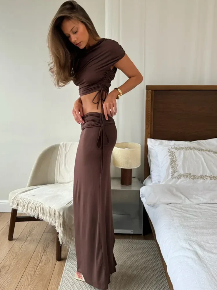 

Fashion Brown Pleated Lace Up Crop Vest Long Skirt Set Elegant Slanted Collar Vest Slim Skirts Suit Chic Lady High Street Outfit