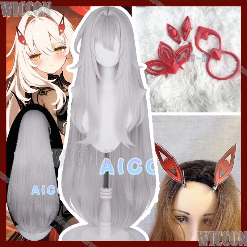 Genshin-Disfraz de Ronova Ruler of Death Game, peluca plateada, tocado rojo, accesorios de disfraz de Halloween para mujer y niña, Comic Con