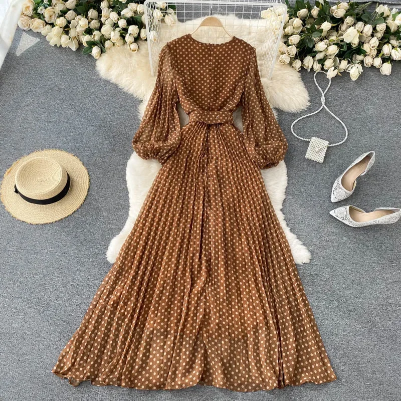 Elegant Polka Dot Long Dress Women Vintage Round Neck Puff Sleeve A-Line Maxi Vestidos Female 2025 New Autumn Slim Waist Dresses