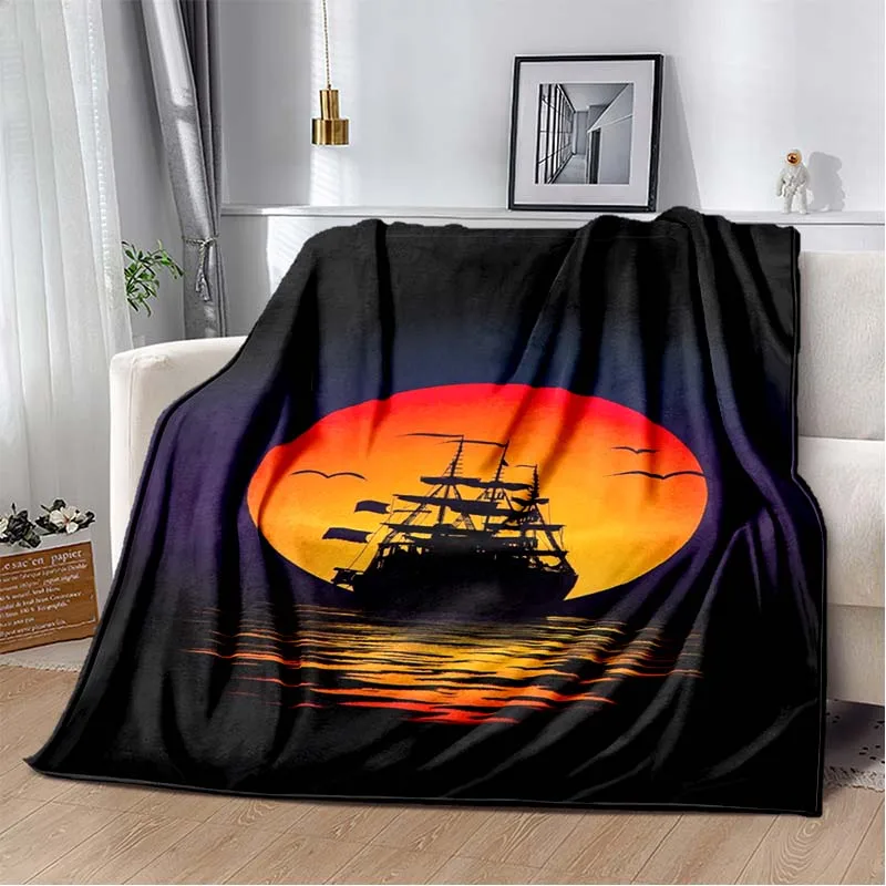 Pirate Ship Ocean Wave Print Flannel Blanket Ultra Soft Warm Throw For Bedroom Sofa Living Room Adventure Theme Indoor Home Gift