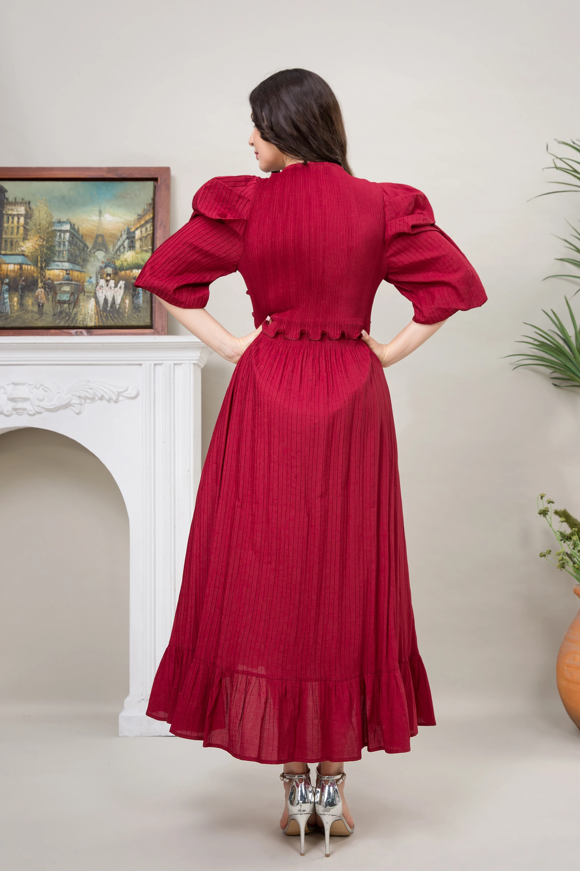 Ata Yake-Robes douces rouges plissées Boho pour femmes, manches longues, décontracté, élégant, luxe, pas besoin de repassage, mélange