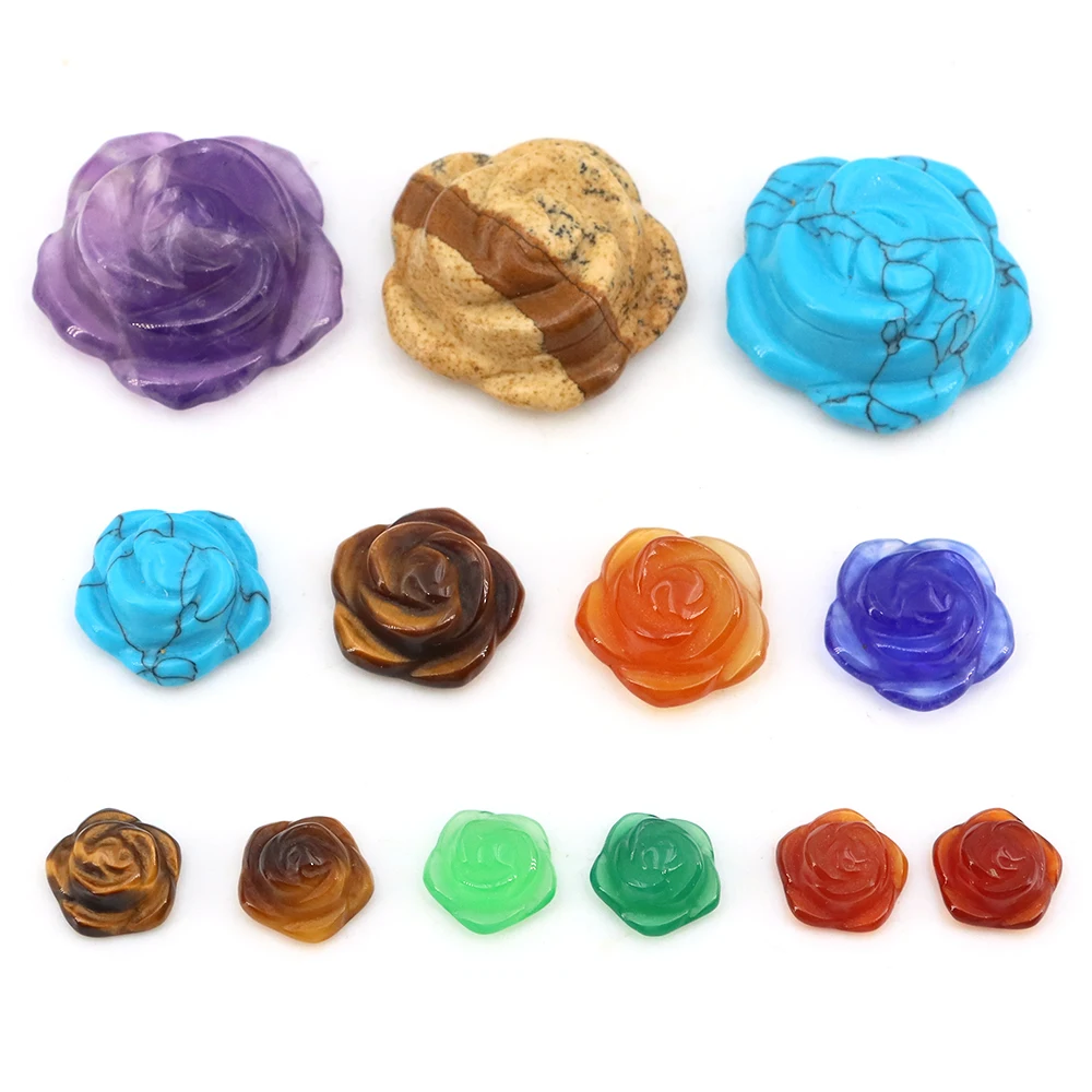 10 15 25mm Rose Flower Beads Natural Stone Carving Crafts Home Decoration DIY Pendants Necklace Reiki Gemstone Love Jewelry Gift