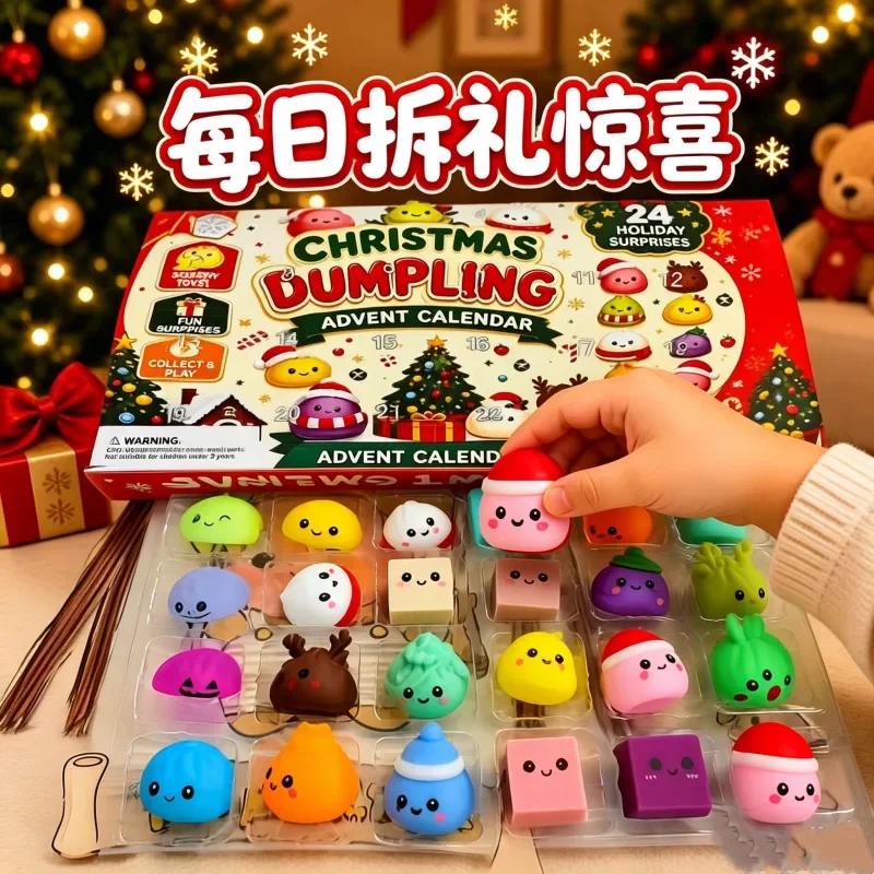 24 Days Christmas Advent Calendar, Bun Squishy Fidget Blind Box, Stress Relief Squeeze Toy, Countdown Surprise Gift for Children