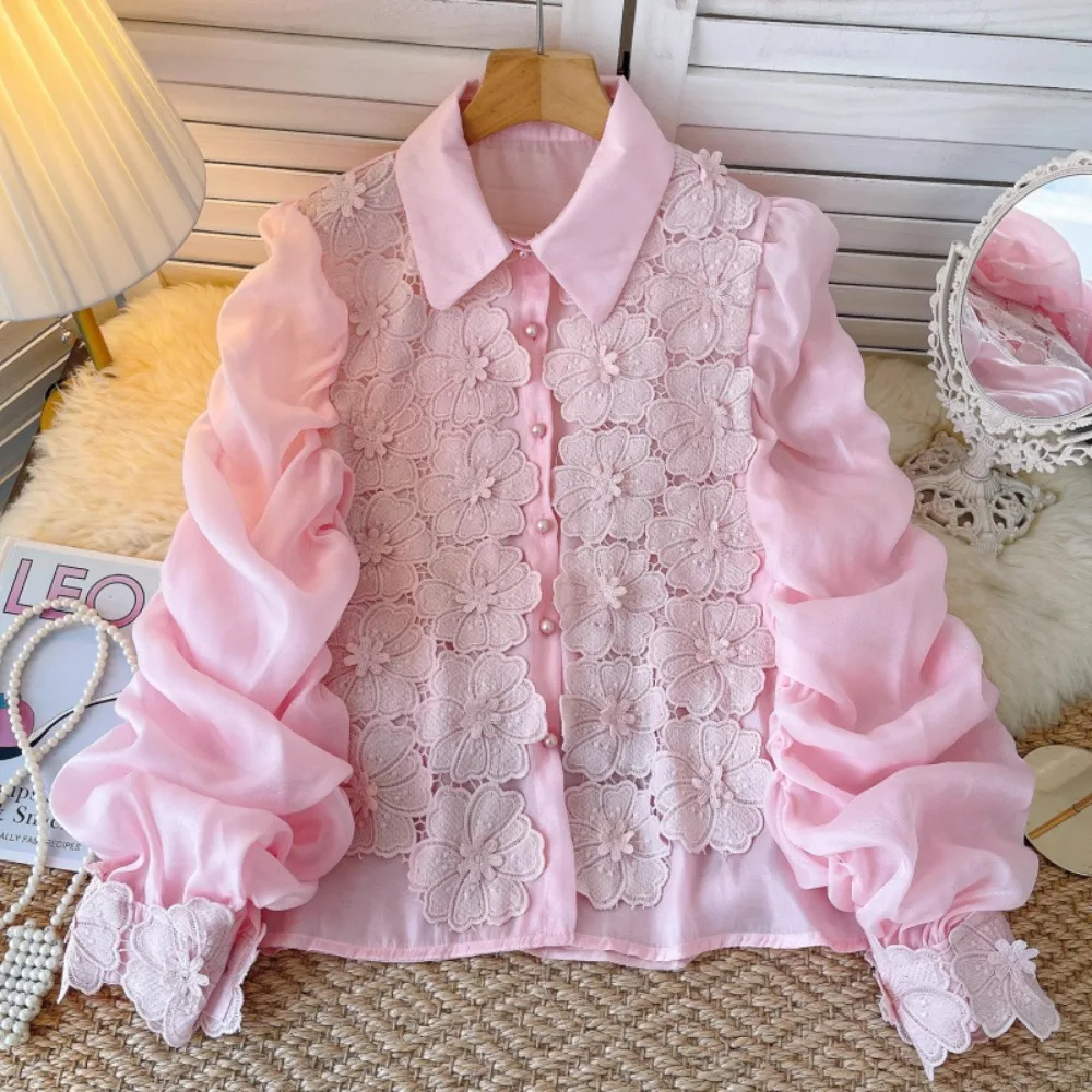 

Women's long-sleeve casual top, lantern sleeves, floral cut-out shirt