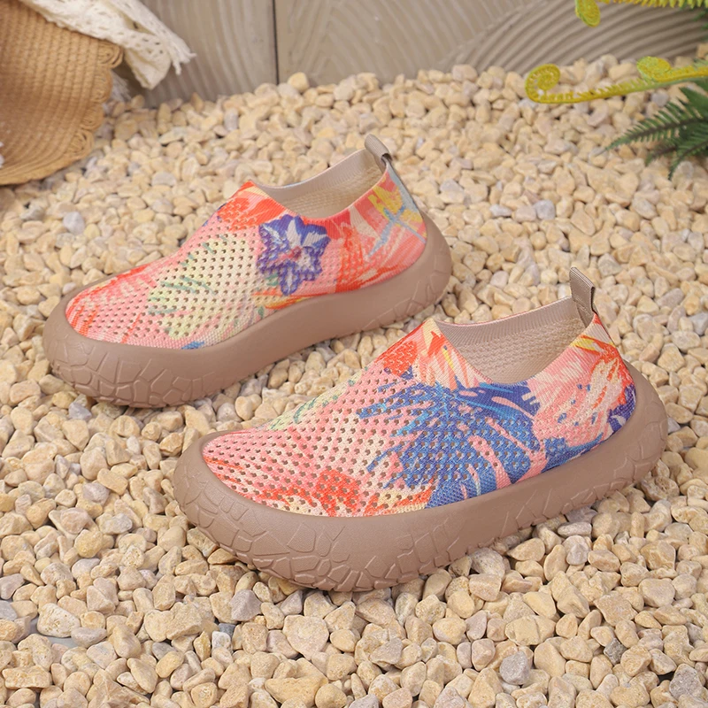 Women's floral print breathable mesh integrated lightweight thick-soled casual flat shoes