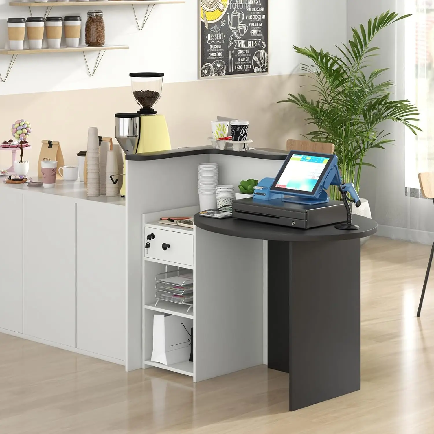 [Helong Store]Reception Desk, 48’’ Retail Counter w/Lockable Drawer & Storage Shelf, L-Shaped Reception Table, Wooden Computer D