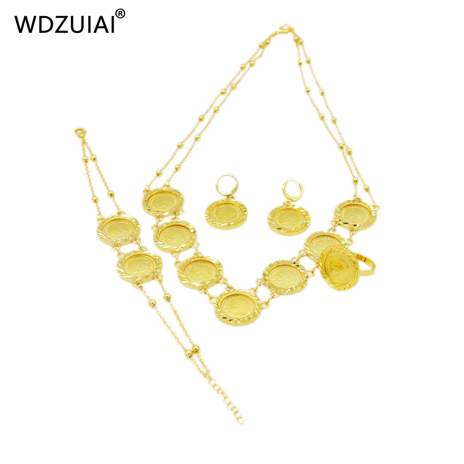 WDZUIAI India 24K Gold Color Coin Shape Necklace/Bracelets/Earrings/Ring Set Women Men African Arab Middle East Wedding Jewelry