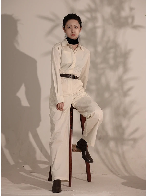 

Nanalady High Waist Wide Leg Jumpsuit Collar Single Button Slimming Workwear Sle Long Pants Polyester Fiber