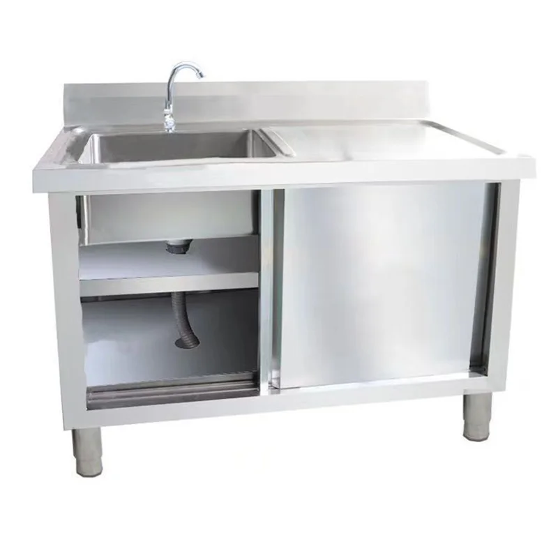 Stainless Steel Vegetable Sink, All-in-One Kitchen Sink and Storage Cabinet, Single-Basin Drainboard Cabinet, Adjustable Feet