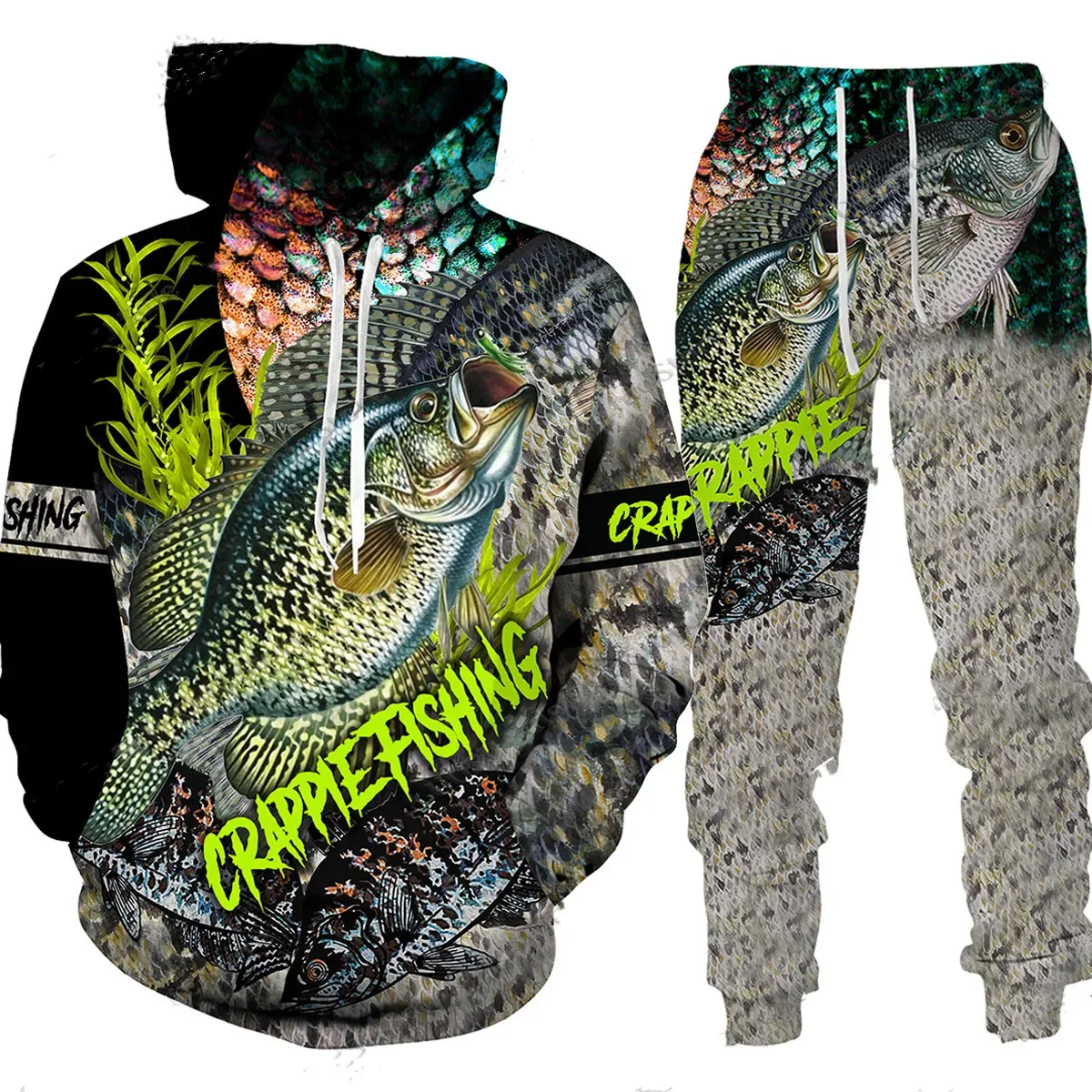 Sudadera con capucha y pantalones para hombre, conjunto de chándal de manga larga con estampado de camuflaje 3D para pesca de carpa y caza, ropa