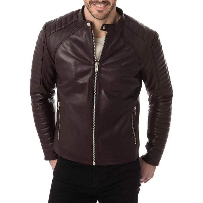 

Men's 100% Authentic Lambskin Dark Brown Quilted Snap Collar Leather Jacket Soft