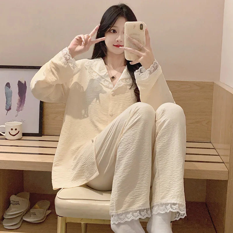 Korean Women Pajama Sets New Cotton Pijamas Female Long Sleeve Trousers 2 Piece Homewear Lace Casual Nightwear Pyjama Suit