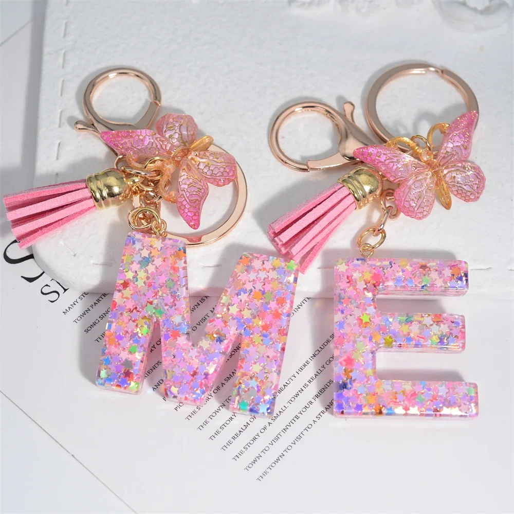 Initial Letter Pendant Keychains For Women Tassel Butterfly Pink Keyring Cute Car Wallet Purses Backpack Ornaments Key Holder