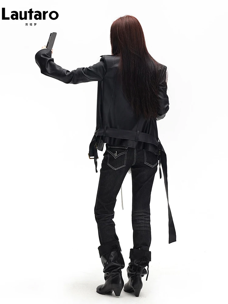 Lautaro Spring Autumn Cool Handsome Soft Black Pu Leather Jacket Women Long Sleeve Double Zippers Luxury Clothes Runway Fashion
