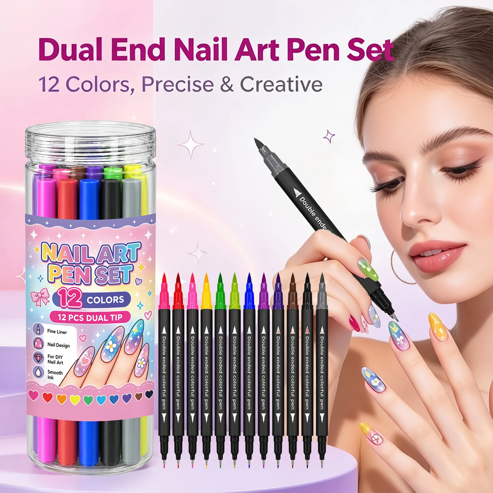 Nail Art Pen Set Smooth Ink Flow Dual Tip Fine Liner Drawing Painting Manicure Design Vibrant Colors Portable Storage DIY Tools