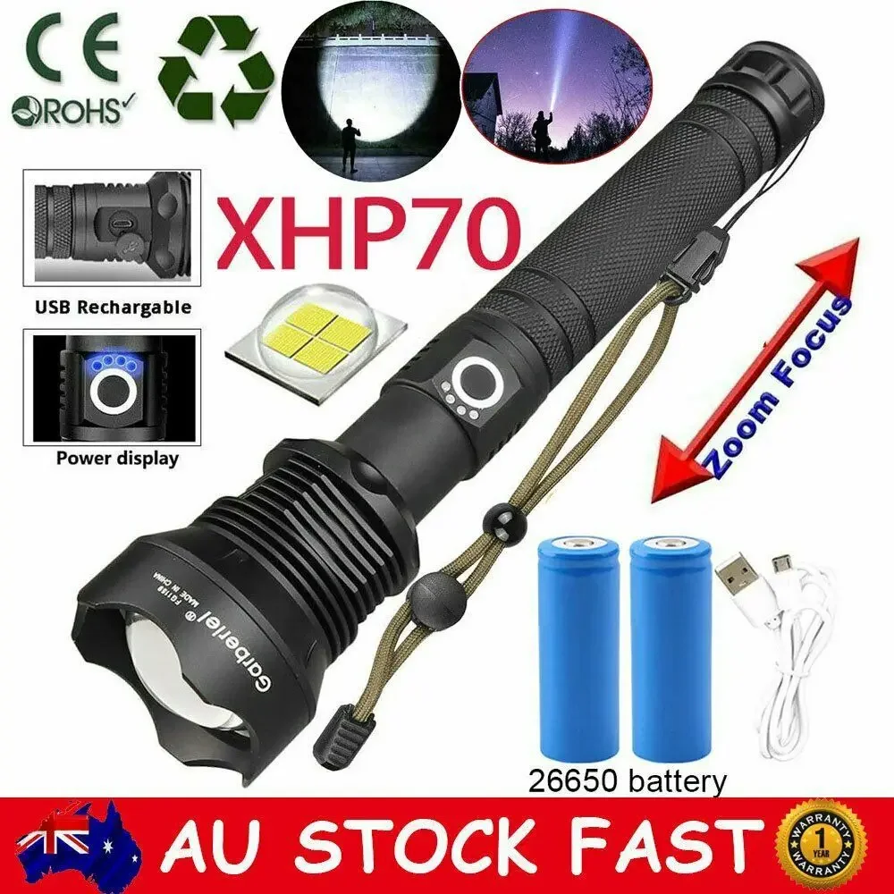 XHP70 LED Flashlight USB Rechargeable Tactical Zoomable Handheld Lighting Device High Power For Outdoor And Professional Use