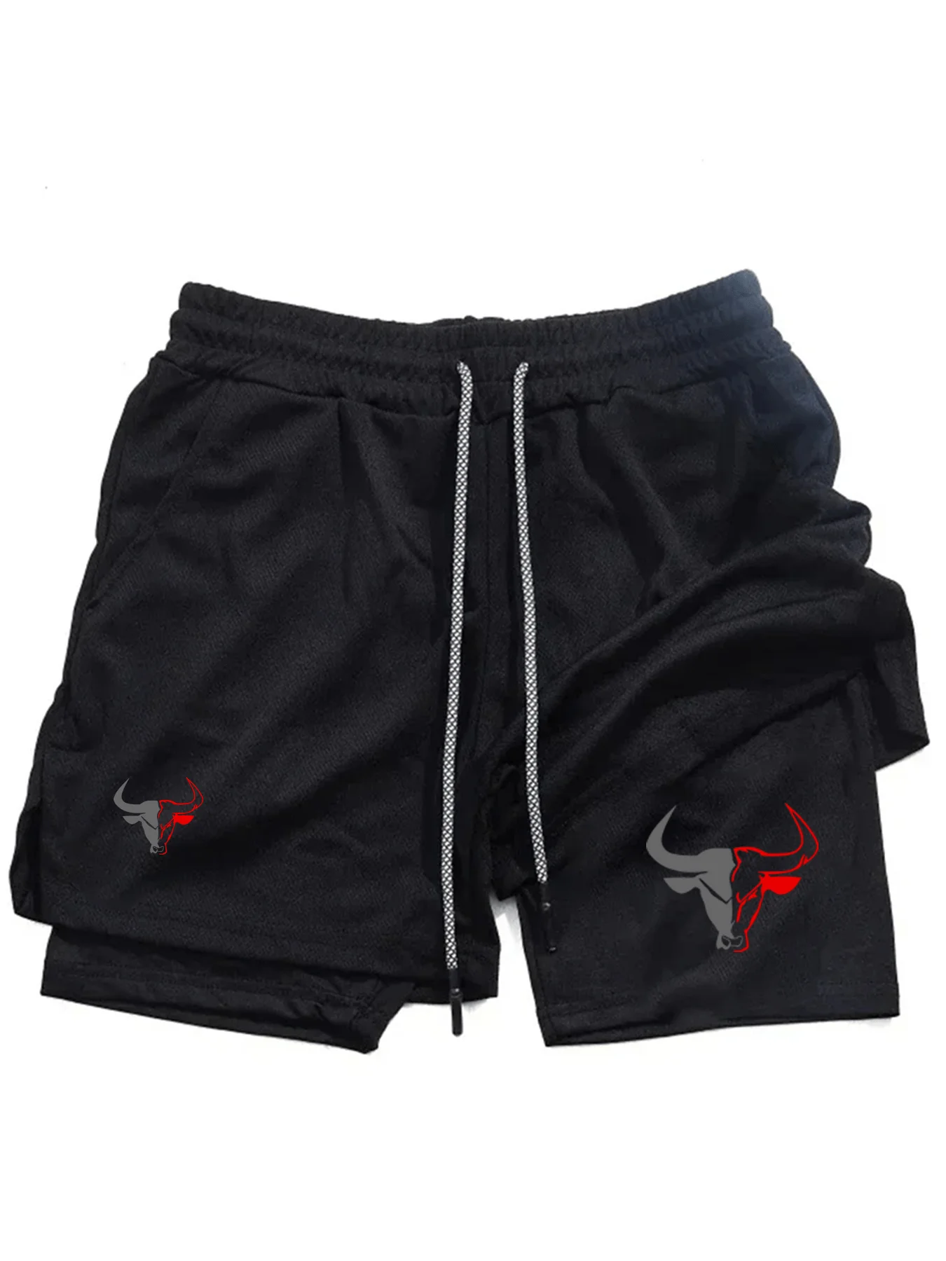 

Мужские тренировочные шорты с принтом в виде головы коровы, двойным слоем и карманами-кенгуру - Шорты для фитнеса