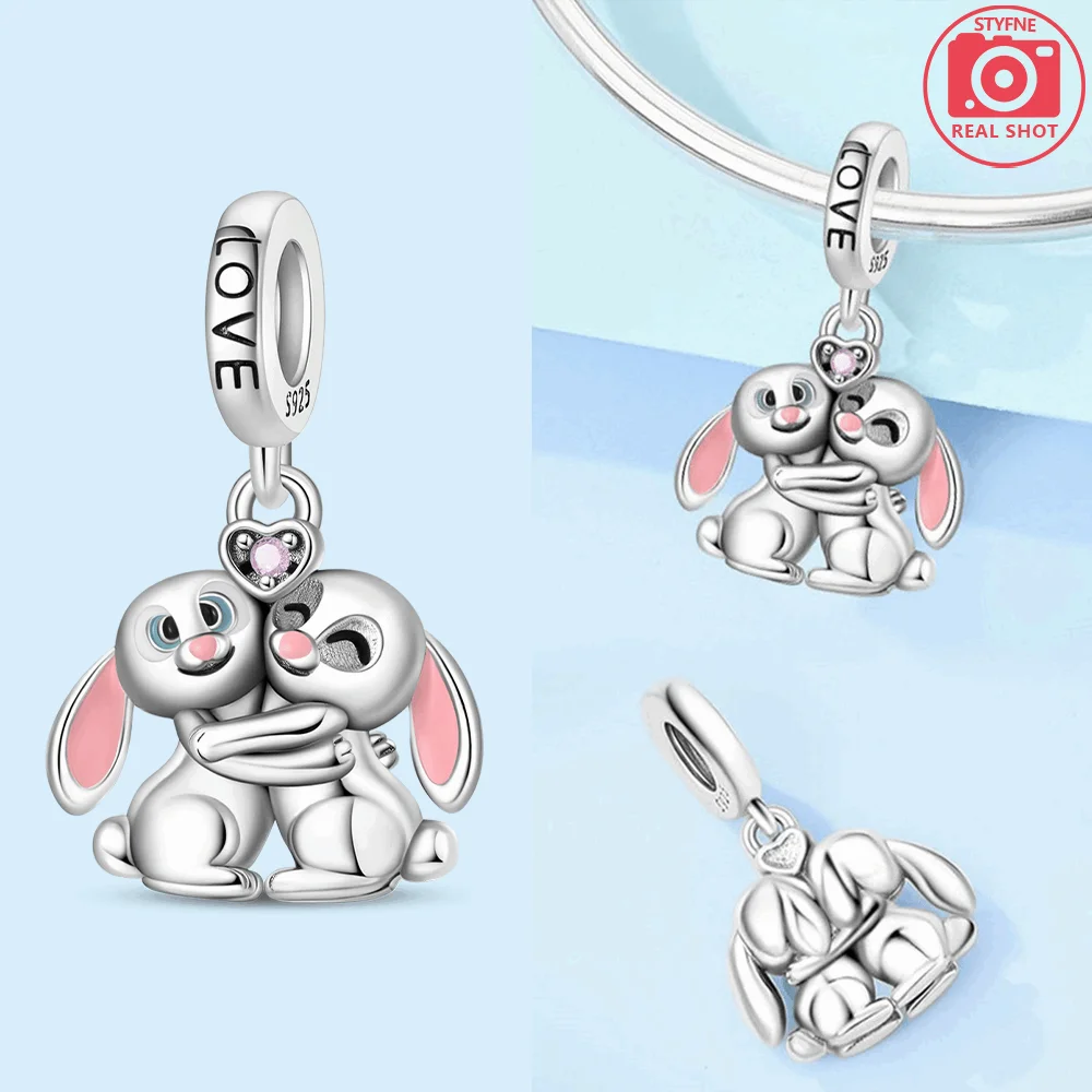 925 Sterling Silver Hugging Rabbits Charms Beads Fit Original Bracelets Bag Keychain Earring Pendant Diy Women Jewelry Gift