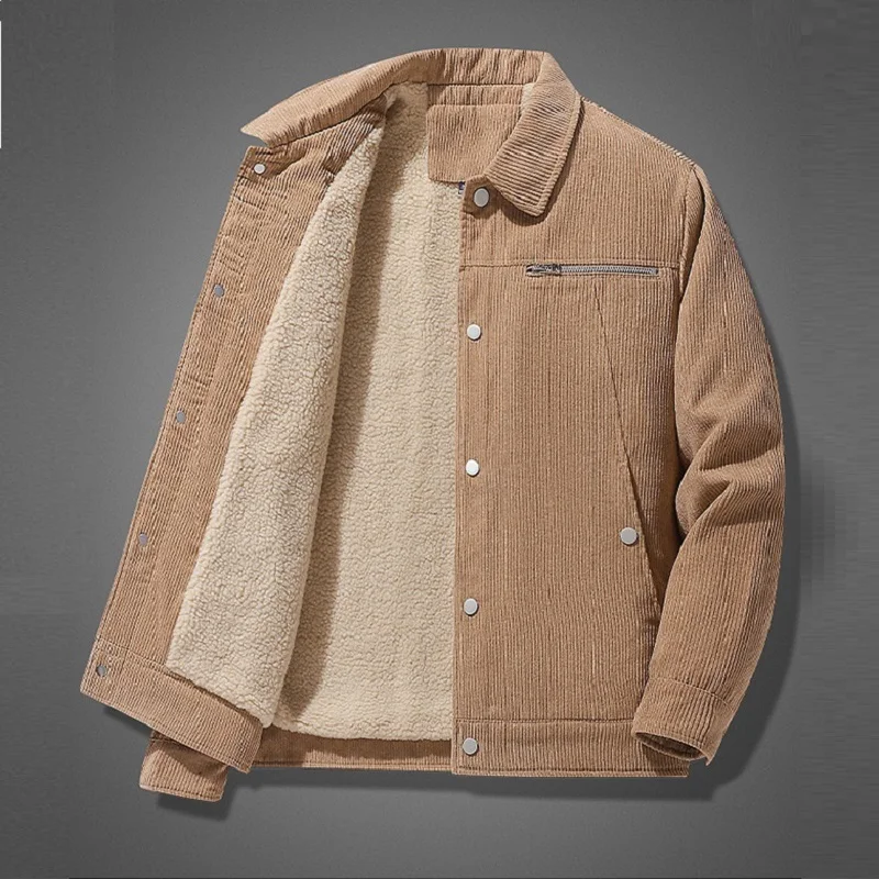 

Plus Size Corduroy Cotton Coat Men Autumn and Winter Lapel Single Breasted Coat Loose Velvet Lining Thickened Warm Jackets