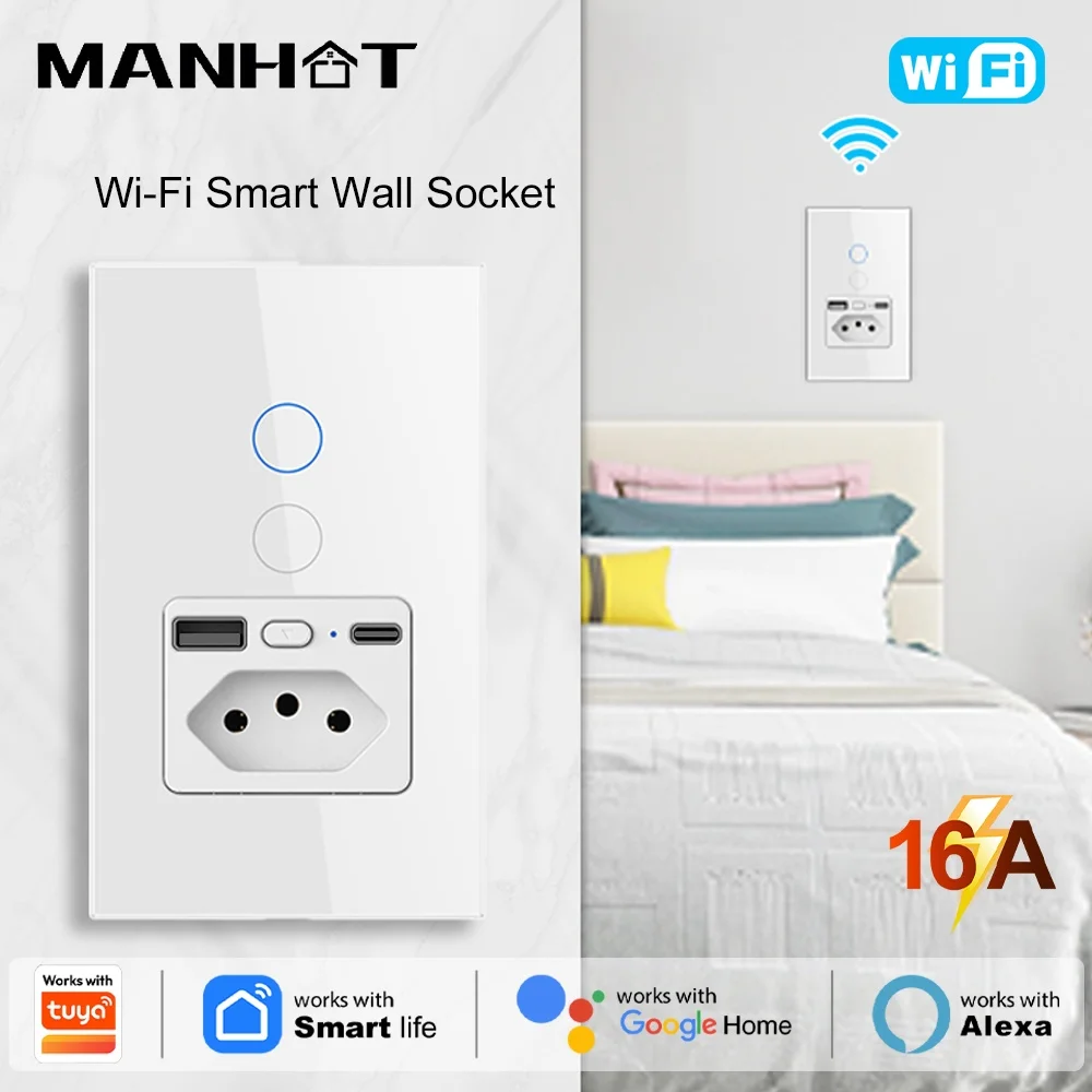 Manhot WiFi 16A Brazil Socket with 1/2 Gangs Touch Light Switch Socket Type-C USB Port Work For Smart Life APP Google Home Alexa