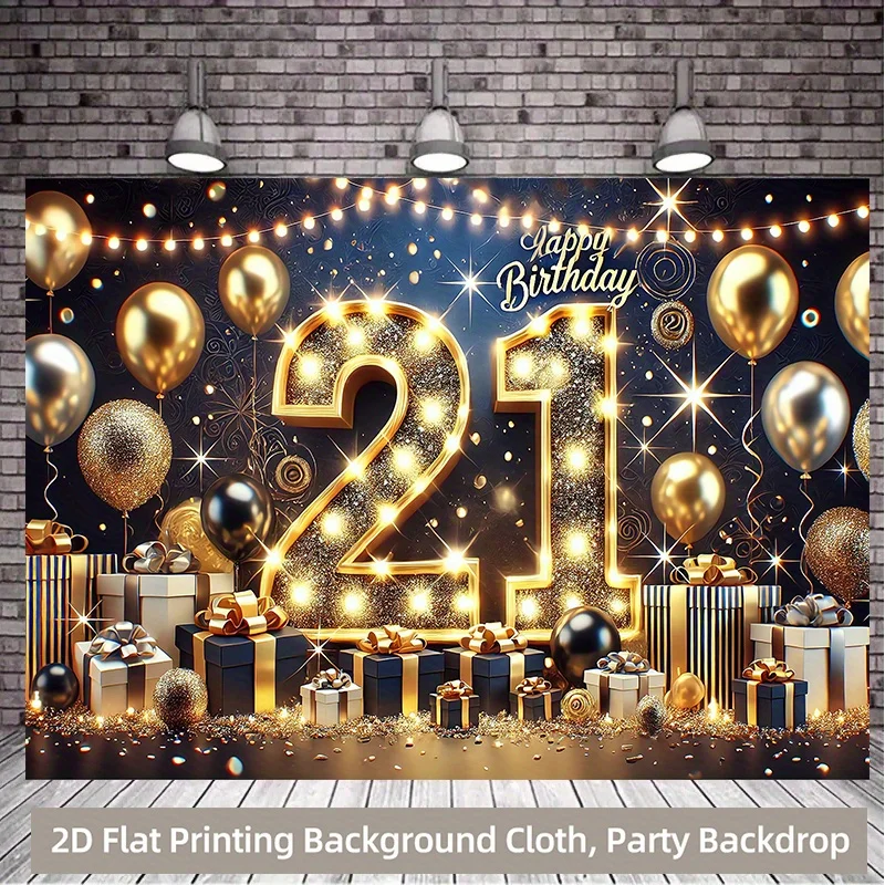 21st Birthday Tapestry, Glowing Number 21 with Balloons and Confetti, Black Gold Party  for Photo Booth and Celebration Decor