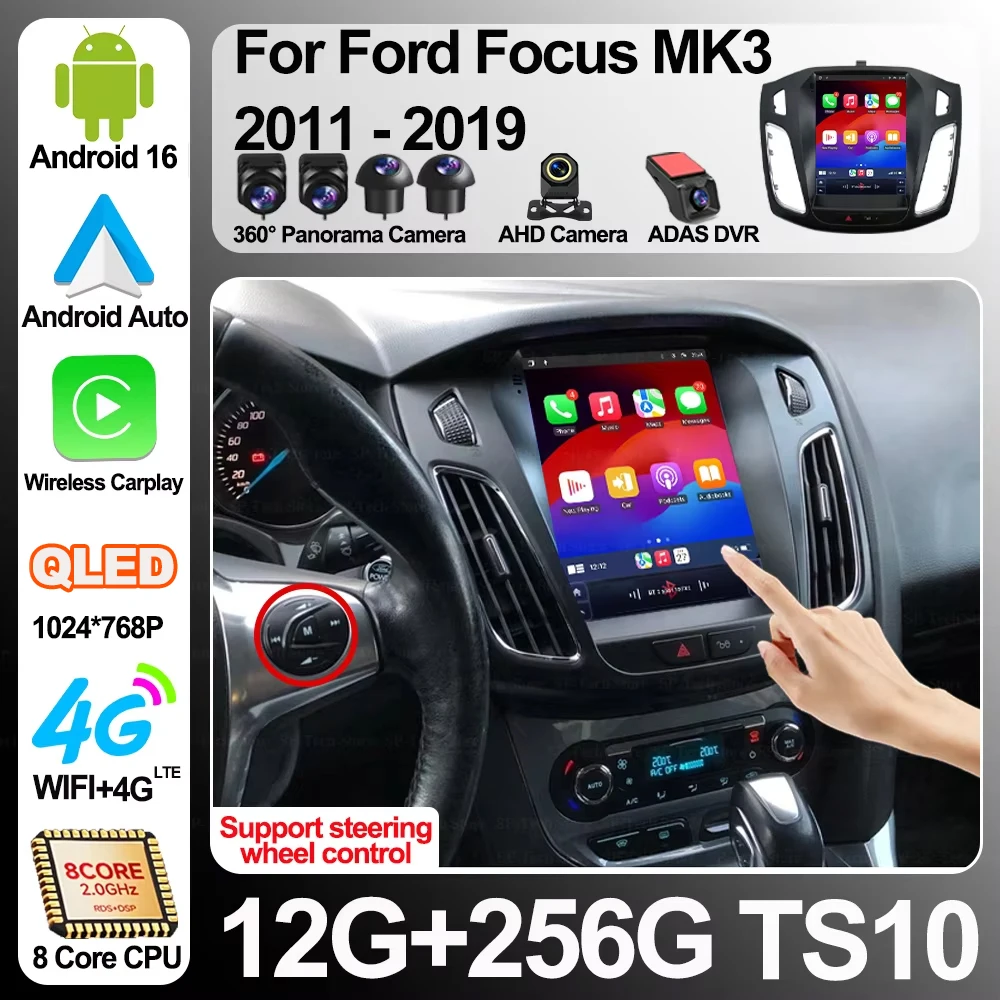 Rádio Automotivo Multimídia com Tela de 9.7 Polegadas, Android 16, para Ford Focus Mk3 2011-2019, Reprodutor de Vídeo, Navegação GPS, Estéreo Automotivo, Carplay, 2din, 5g