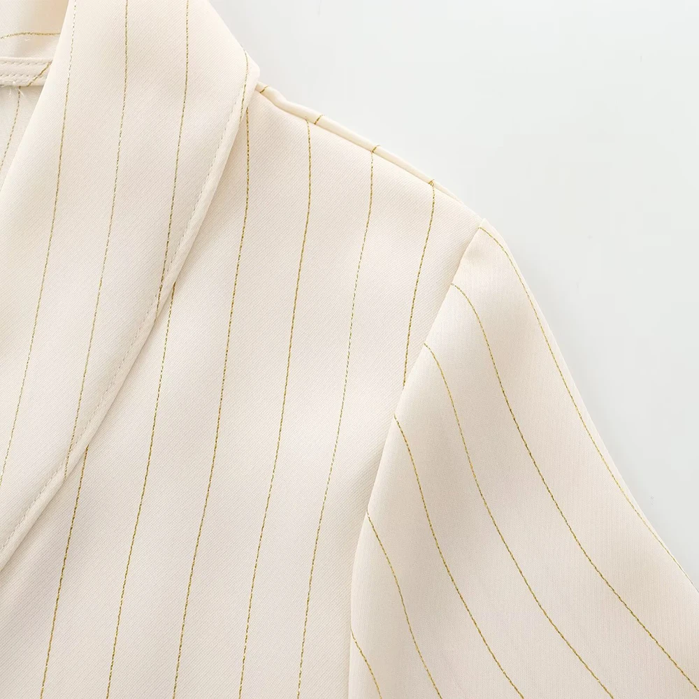 Easy Match Elegant Office Lady Beige Turn Down Collar Metal Line Design Long Sleeves Women Vertical Striped Shirt ZATAF 2024 New