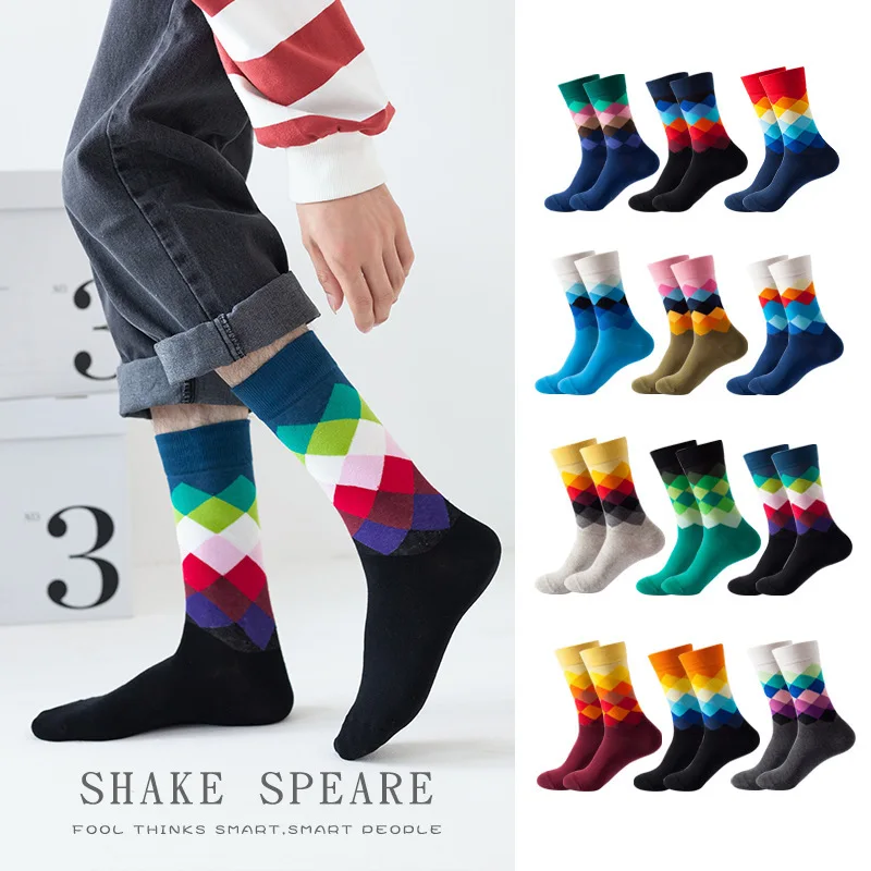 Men Socks Standard Casual Happy Socks High Quality Diamond Pattern Cotton Socks 12 Colors Couple Suit Men's Socks