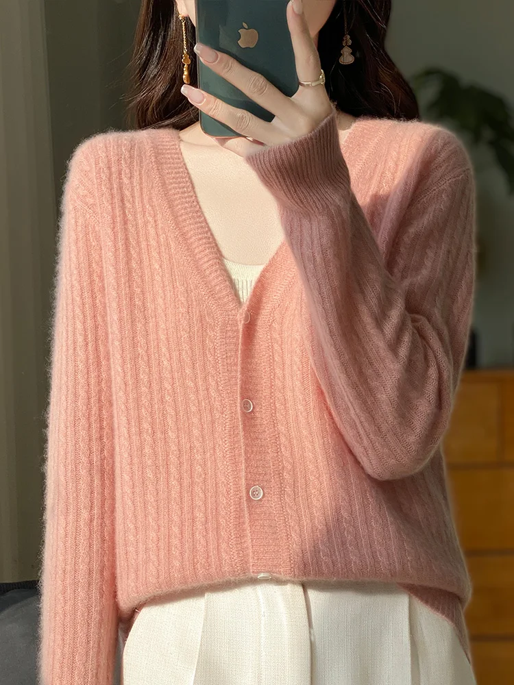 Spring and autumn new thin 100% merino wool cardigan women's V-neck bottoming shirt knitted seamless outer tower