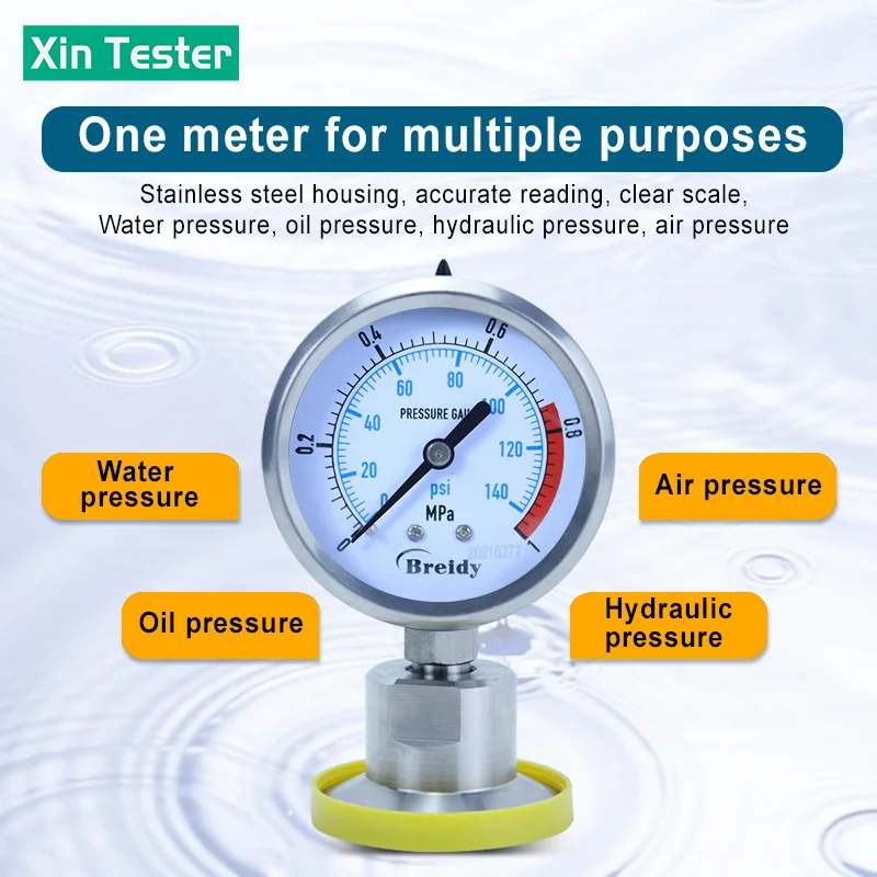 Xin Tester 0-2.5Mpa Air Glycerol Free Pressure Gauge Dia 60mm Stainless Steel Diaphragm Oil water Hydraulic Gauge YTP60