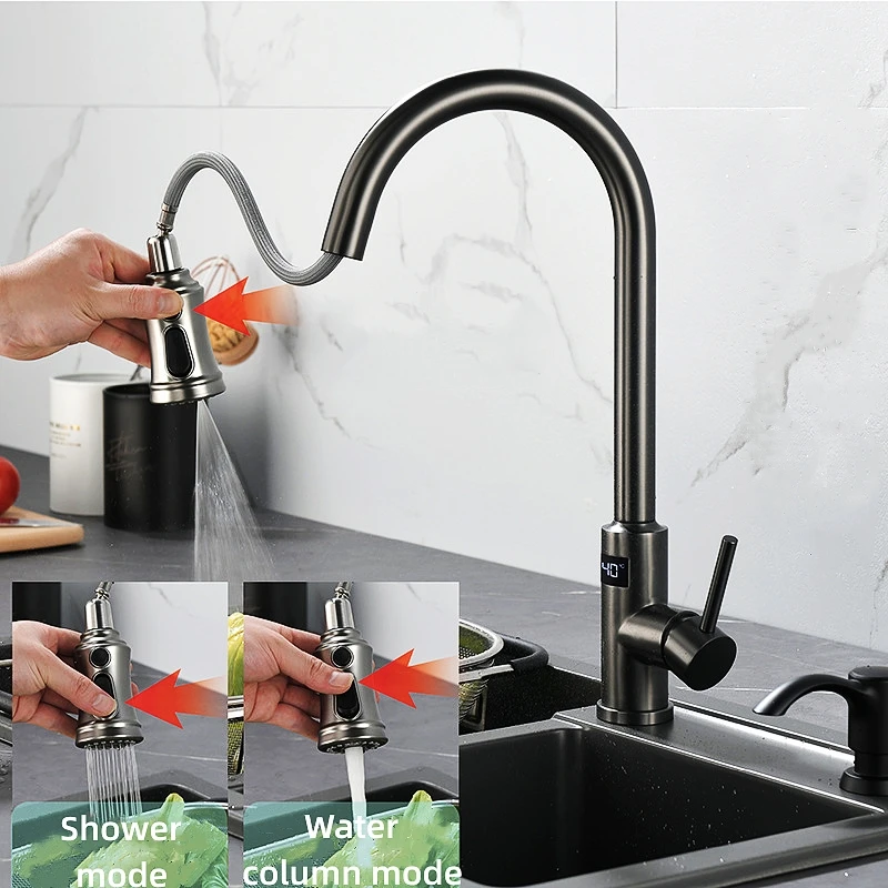 Smart Touch Temperature Digital Display Kitchen Faucet Pull Out Sensor Faucets 360 Rotation Crane 3 Outlet Water Mixer Taps