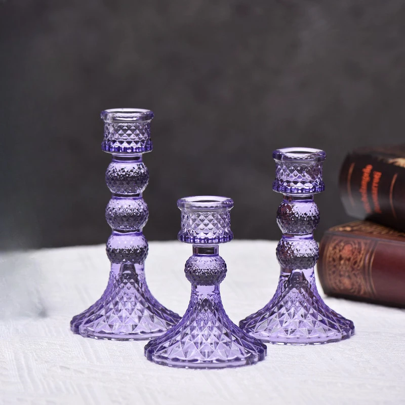 Creative High Footed Glass Candlestick, Home Office Living Room Dining Table Wine Cabinet Decor, Small Purple Candle Holder, 1Pc
