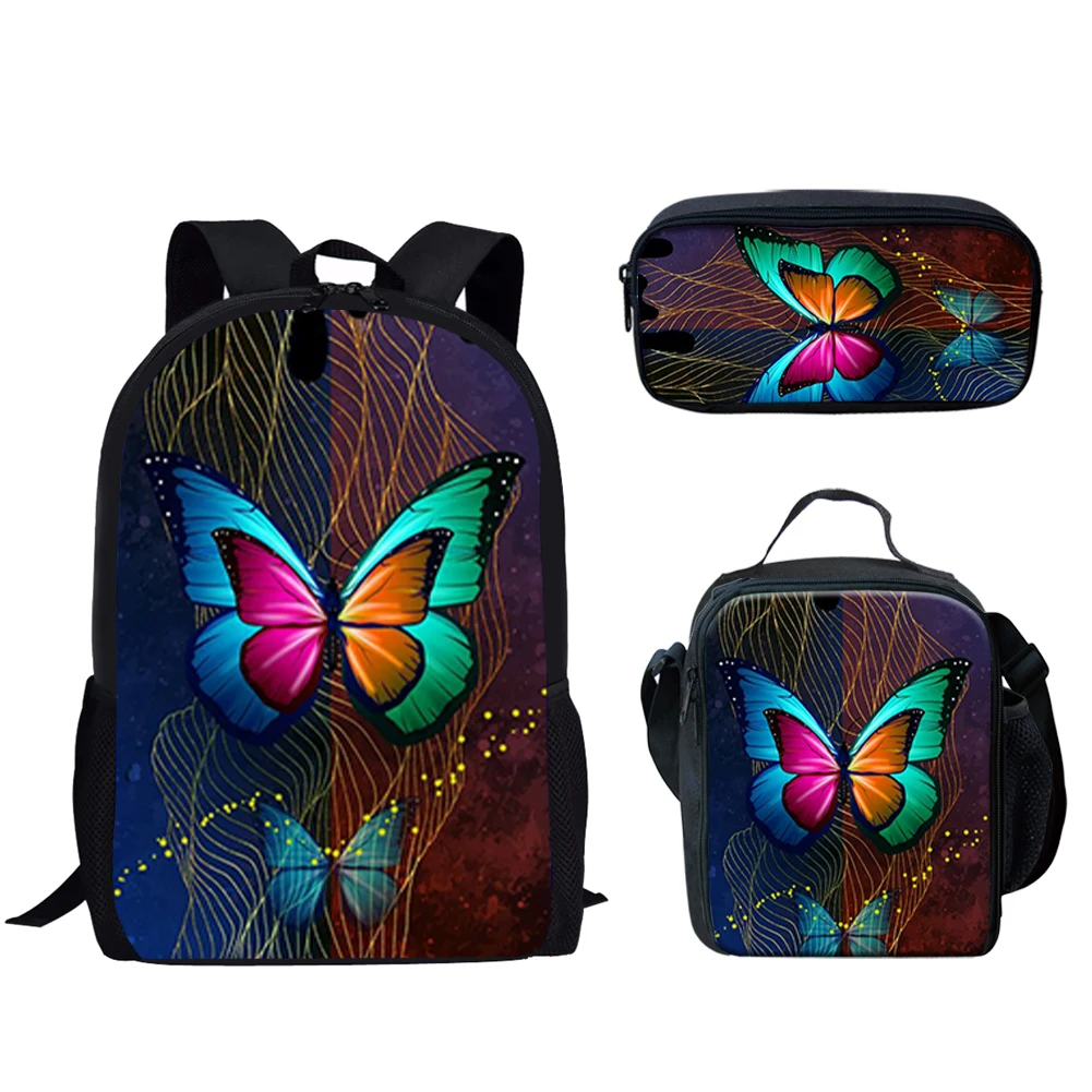 3Pcs Schoolbag for Teen Boys Girls Butterfly Floral Print Backpack for Prmary Students Back to School Large Capacity Backpack