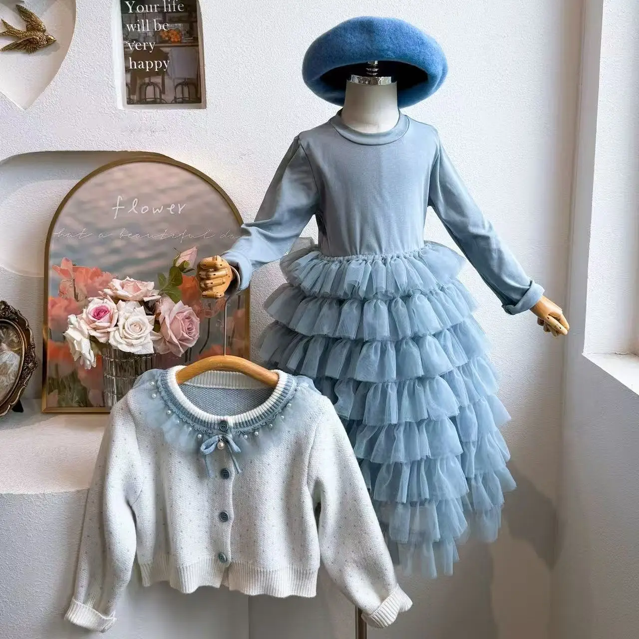 2026 ملابس الخريف للأطفال أنيق البولكا نقطة سترة متماسكة الفتيات طفل طويل الأكمام المرقعة تول المتدرج تنورة فستان الأميرة #6